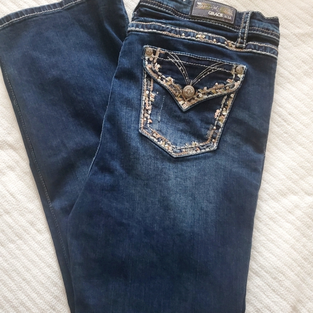 Grace In LA dark blue factory distressed stretchy jeans. Plus size 21- inseam 32